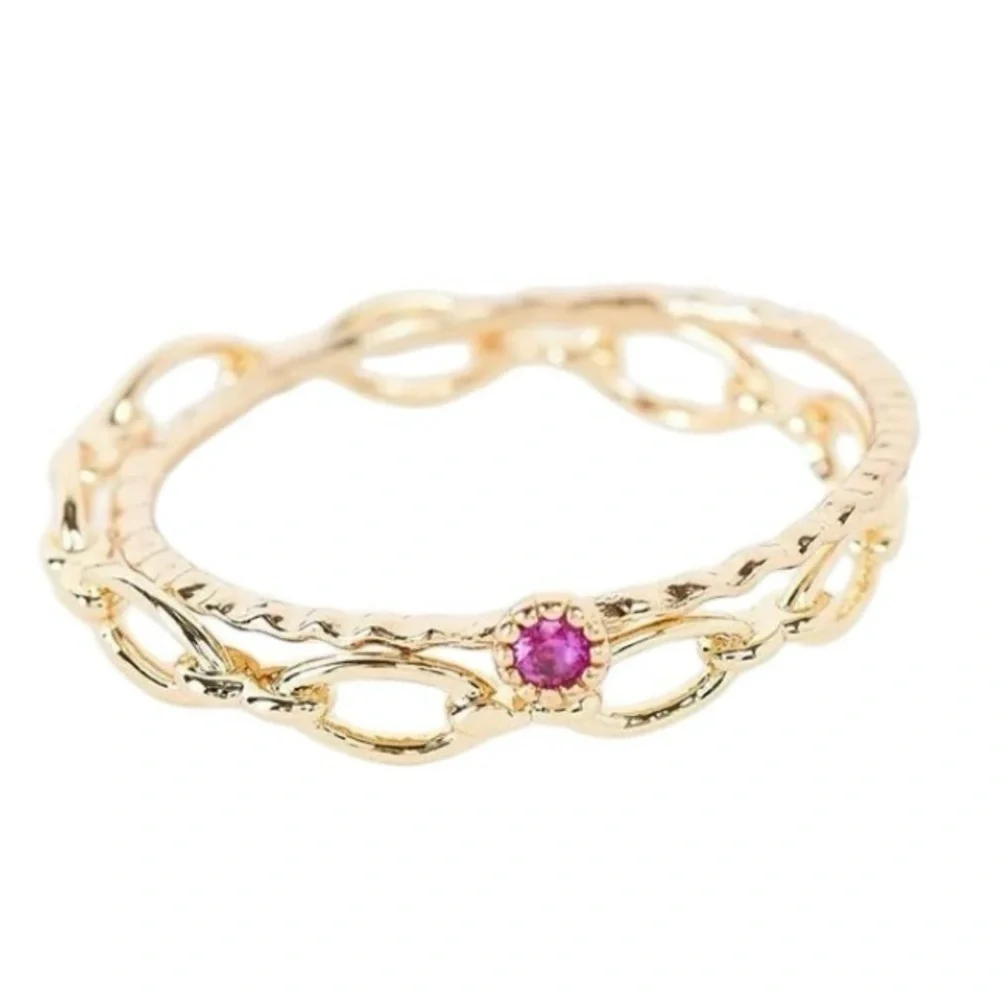 Gold Tone Delicate Chain Link Ring & Pink Garnet Colored Gemstone Ring Sz 7 New